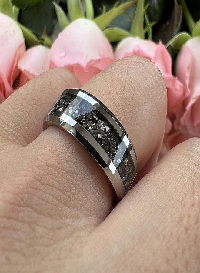 TUTISS 8mm Tungsten Rings for Men Women Meteorite Shavings Inlay Promise Engagement Wedding Bands Beveled Edges Polished Shiny Comfort Fit Size 13 - Image 5