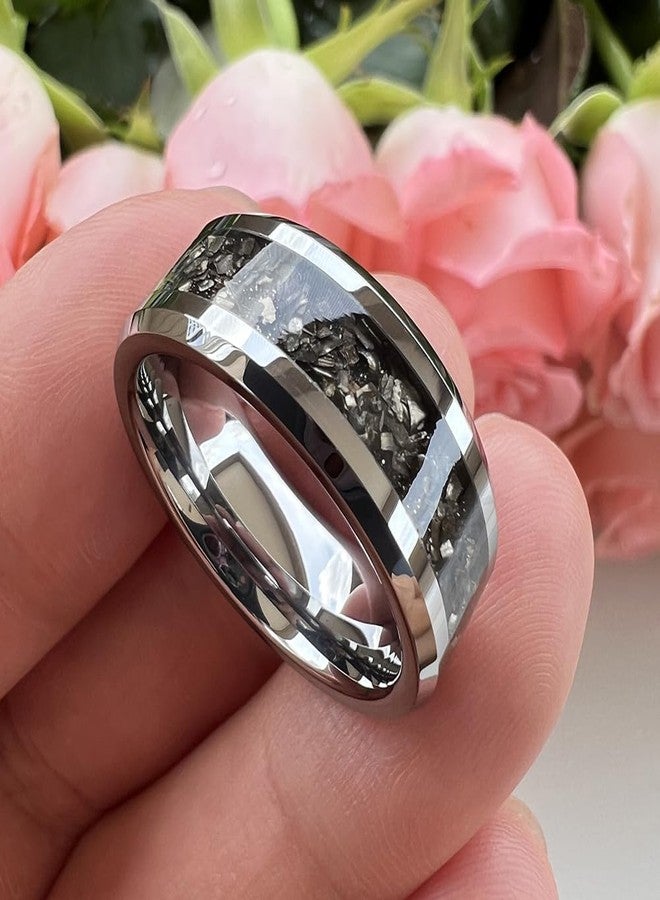 TUTISS 8mm Tungsten Rings for Men Women Meteorite Shavings Inlay Promise Engagement Wedding Bands Beveled Edges Polished Shiny Comfort Fit Size 13 - Image 2