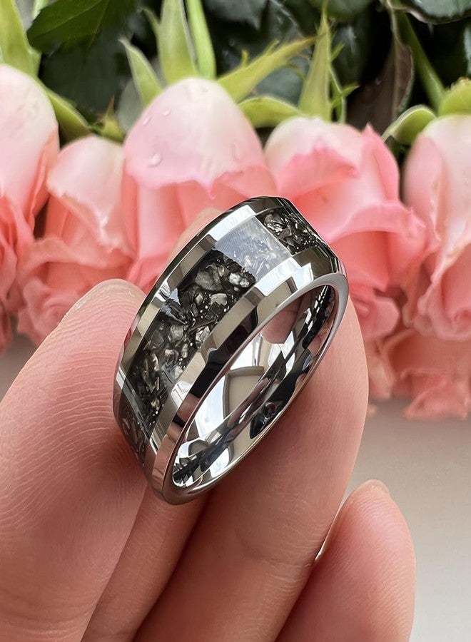 TUTISS 8mm Tungsten Rings for Men Women Meteorite Shavings Inlay Promise Engagement Wedding Bands Beveled Edges Polished Shiny Comfort Fit Size 13 - Image 4