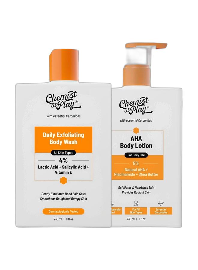 Chemist at Play Exfoliating Body Wash (4% AHA/BHA) 236ml & AHA Body Lotion (5% Natural AHA) 236ml Bundle - Image 1