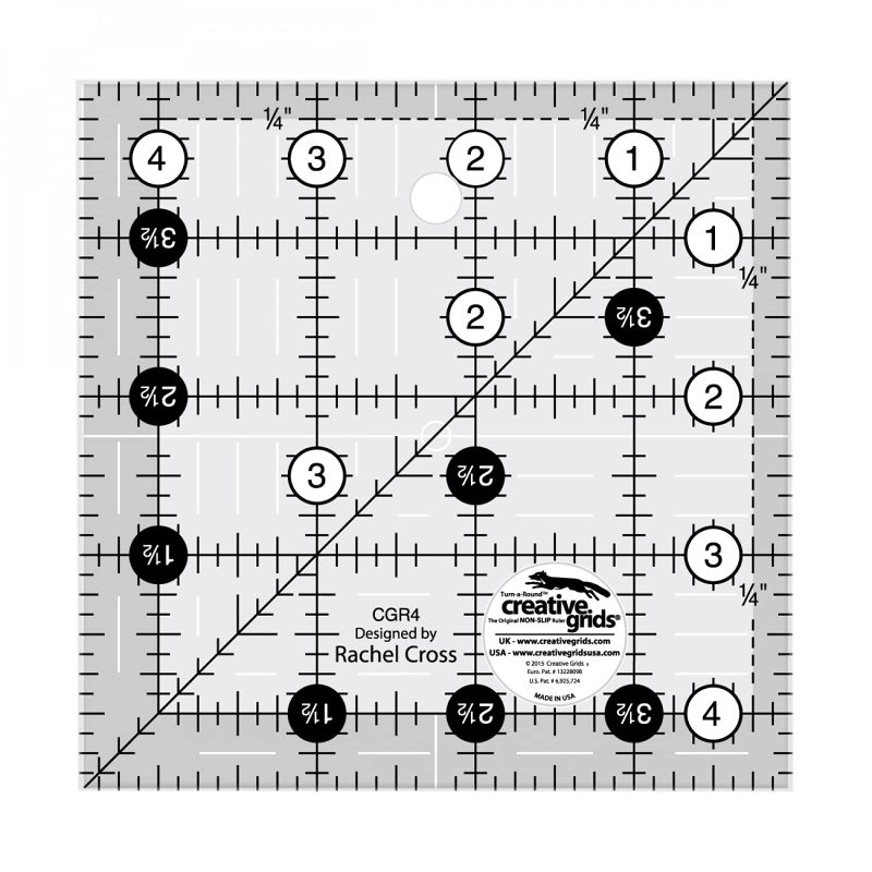 مسطرة كوات كرييتف غريدز 4-1/2 بوصة × 4-1/2 بوصة مربعة - CGR4 - مصنوعة في الولايات المتحدة الأمريكية، قبضة أكريليك غير قابلة للانزلاق للخياطة، الحرف اليدوية، مسطرة الباتش وورك لقياس وقطع القماش