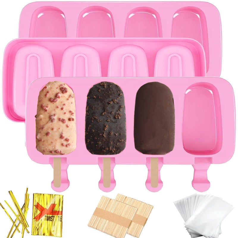 BZIDII 3pcs Large Silicone Popsicle Molds Set,BZIDII 4 Cavities Cake Pop Molds,Oval Ice Cream Bar Mold Ice Pop Cakesicle Molds Silicone with 100 Wooden Sticks & 100 Bags &100 Twist Ties(Pink) - Image 1