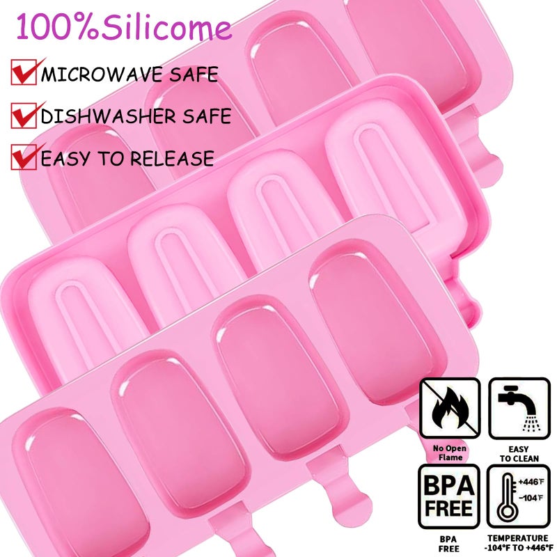 BZIDII 3pcs Large Silicone Popsicle Molds Set,BZIDII 4 Cavities Cake Pop Molds,Oval Ice Cream Bar Mold Ice Pop Cakesicle Molds Silicone with 100 Wooden Sticks & 100 Bags &100 Twist Ties(Pink) - Image 3