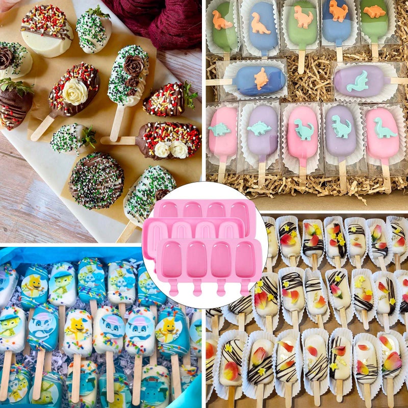 BZIDII 3pcs Large Silicone Popsicle Molds Set,BZIDII 4 Cavities Cake Pop Molds,Oval Ice Cream Bar Mold Ice Pop Cakesicle Molds Silicone with 100 Wooden Sticks & 100 Bags &100 Twist Ties(Pink) - Image 4