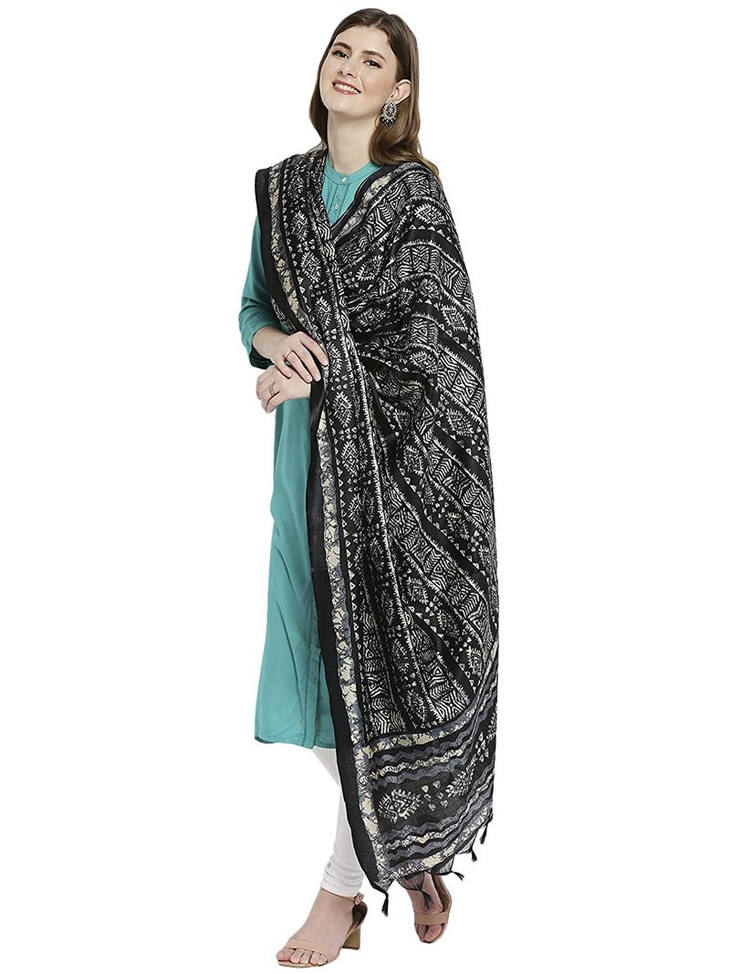 KEMZA Women's Block Printed Cotton Silk Dupatta (Black_Free size) - Image 3