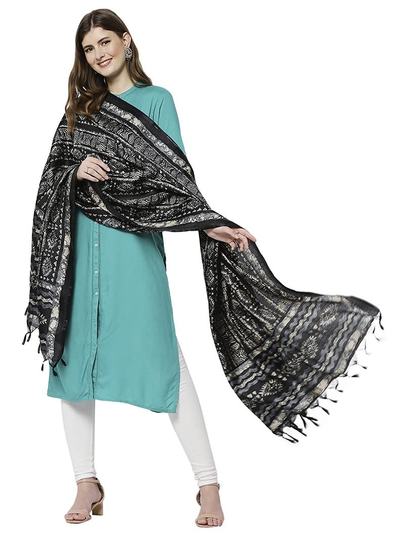 KEMZA Women's Block Printed Cotton Silk Dupatta (Black_Free size) - Image 2