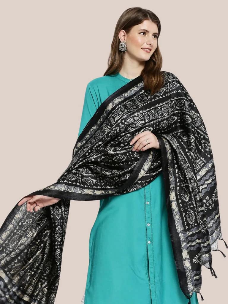 KEMZA Women's Block Printed Cotton Silk Dupatta (Black_Free size) - Image 4