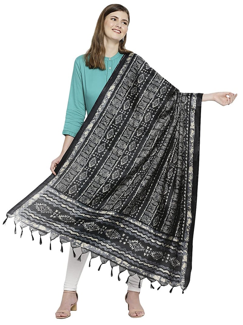 KEMZA Women's Block Printed Cotton Silk Dupatta (Black_Free size) - Image 1
