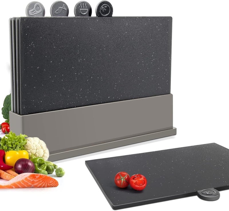 Masthome Index Chopping Board Set 4Pieces Plastic Cutting Boards with Food Icons and Storage Stand BPA Free Dishwasher Safe Professional Chopping Board Set for Kitchen