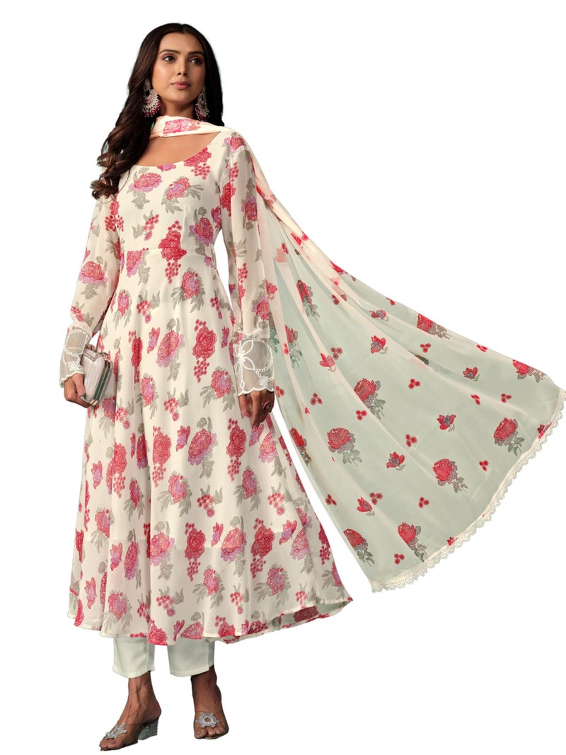 EthnicJunction Women's Georgette Floral Print Anarkali Kurta Pant With Dupatta Set - Image 1