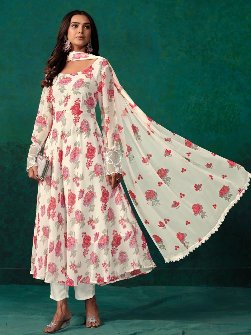 EthnicJunction Women's Georgette Floral Print Anarkali Kurta Pant With Dupatta Set - Image 3
