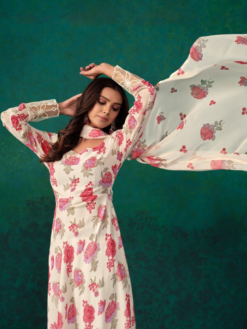 EthnicJunction Women's Georgette Floral Print Anarkali Kurta Pant With Dupatta Set - Image 2