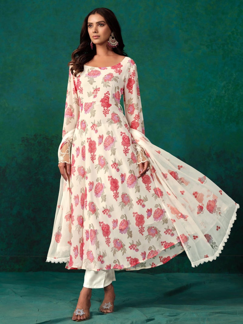 EthnicJunction Women's Georgette Floral Print Anarkali Kurta Pant With Dupatta Set - Image 4