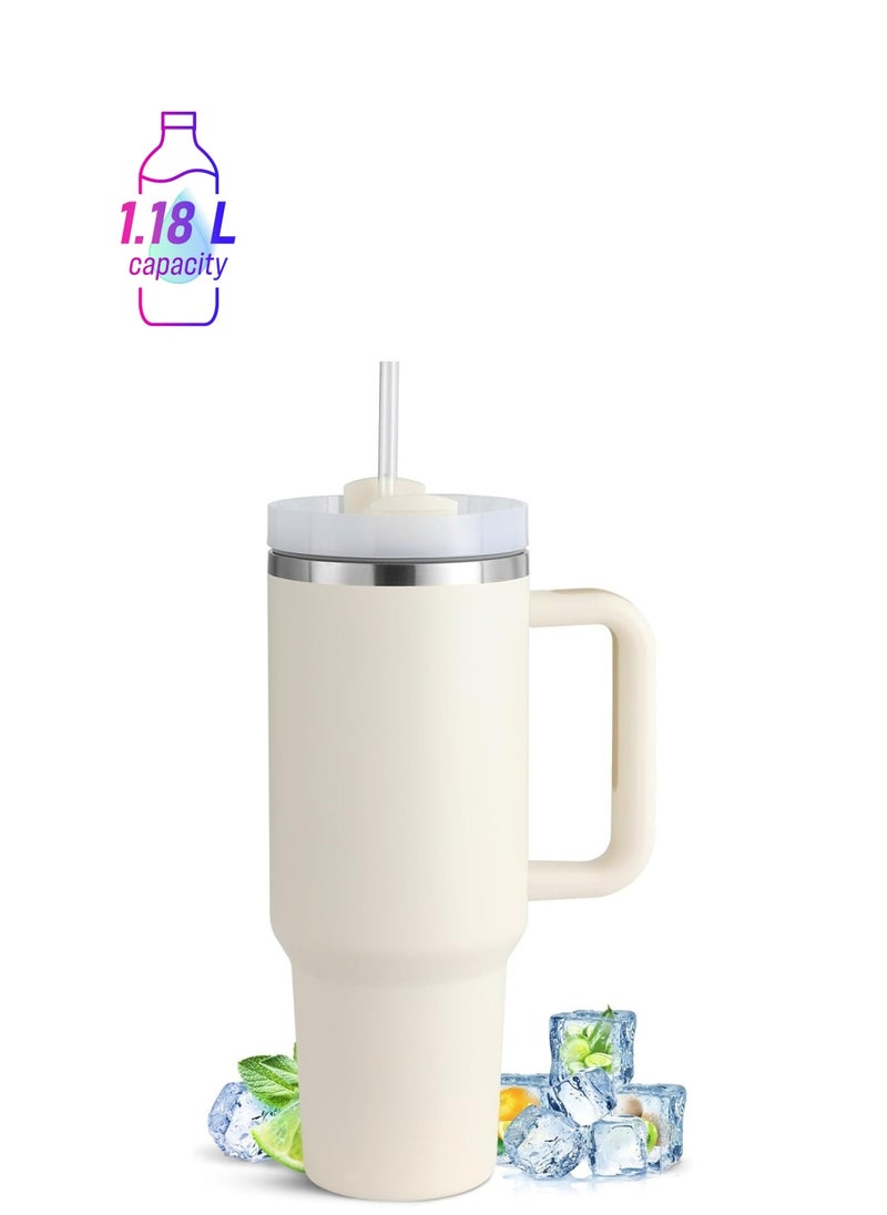 BUPY 40 oz Tumbler with Handle and Straw Lid 2-in-1 Stainless Steel Vacuum Insulated for Hot and Cold Beverages Travel Mug Gift for Car Gym Camp Home Office, Cream White 