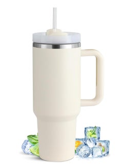 BUPY 40 oz Tumbler with Handle and Straw Lid 2-in-1 Stainless Steel Vacuum Insulated for Hot and Cold Beverages Travel Mug Gift for Car Gym Camp Home Office, Cream White 