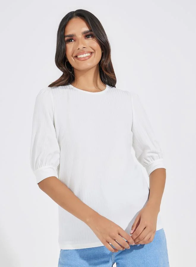 Styli Solid Rib Knit Top with Puff Sleeves