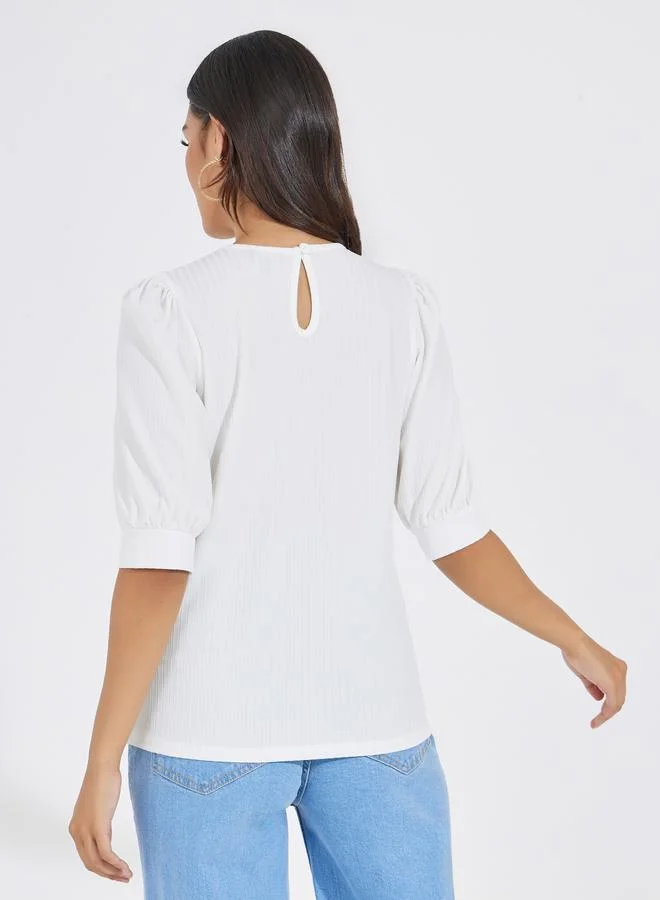 Styli Solid Rib Knit Top with Puff Sleeves