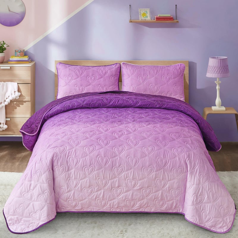 Xruibed Purple Quilt Set Queen Ombre Quilt Sets Reversible Bedding Set 3PCs Summer Lightweight Microfiber Bedspread Coverlet Sets for All Season (96''x90'') - Image 1