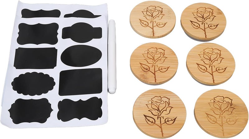 6Pcs Jar Wood Lid Set, Bamboo Cover for Storage Jars, Easy to Clean with Silicone Sealing Rings and Rose Pattern, Perfect for Yogurt Jars and Small Containers - Image 1