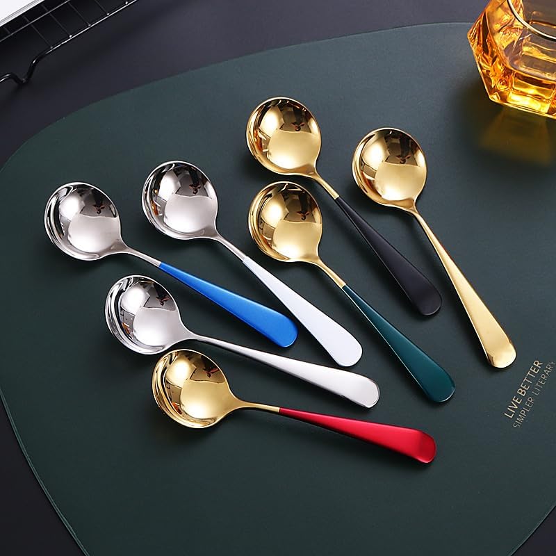 Silverware Set, 1/4/6/8/10/12 Pieces 304 Stainless Steel Dessert Spoons, Round Head Short Handle Fruit Spoons(Red Silver,4 Pieces) - Image 5