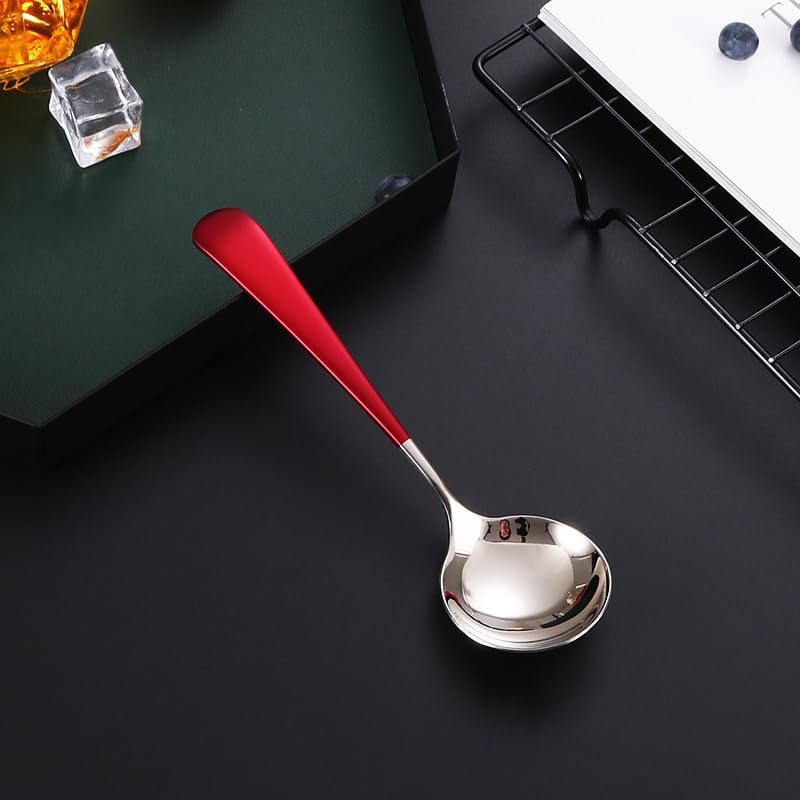 Silverware Set, 1/4/6/8/10/12 Pieces 304 Stainless Steel Dessert Spoons, Round Head Short Handle Fruit Spoons(Red Silver,4 Pieces) - Image 1