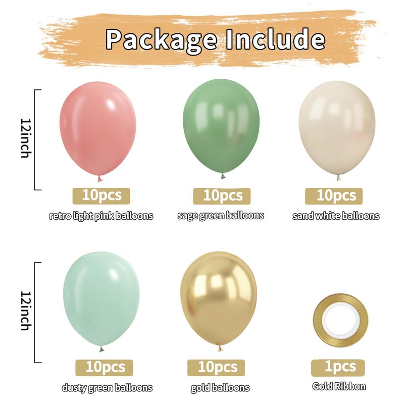 Zesliwy Sage Green Pink Gold Balloons,50 Pcs 12Inch Dusty Olive Mint Green Sand White Metallic Gold Balloons Retro Light Blush Pink Balloon for Birthday Jungle Safari Bridal Shower Wedding Party Decorations - Image 2