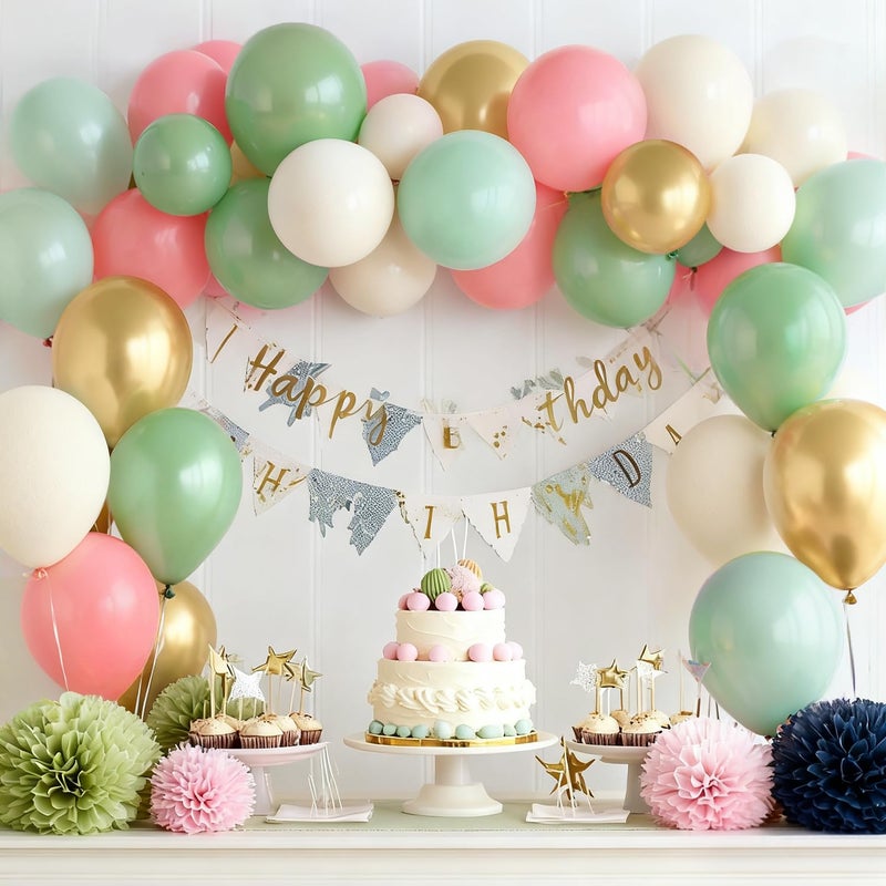 Zesliwy Sage Green Pink Gold Balloons,50 Pcs 12Inch Dusty Olive Mint Green Sand White Metallic Gold Balloons Retro Light Blush Pink Balloon for Birthday Jungle Safari Bridal Shower Wedding Party Decorations - Image 3