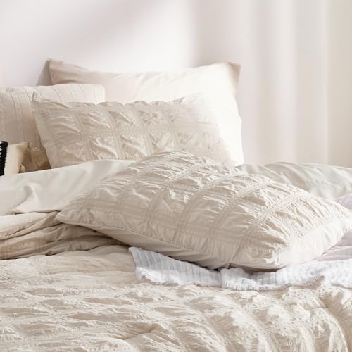 Bedsure Bed in a Bag Queen - 7 Pieces Plaid Seersucker Bedding Comforter Sets, Soft Lightweight Beige Boho Bed Set with Comforters Queen Size, Sheets, Pillowcases & Shams - Image 4