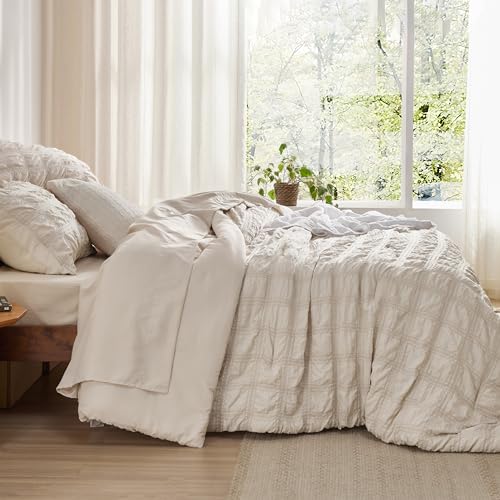 Bedsure Bed in a Bag Queen - 7 Pieces Plaid Seersucker Bedding Comforter Sets, Soft Lightweight Beige Boho Bed Set with Comforters Queen Size, Sheets, Pillowcases & Shams - Image 5