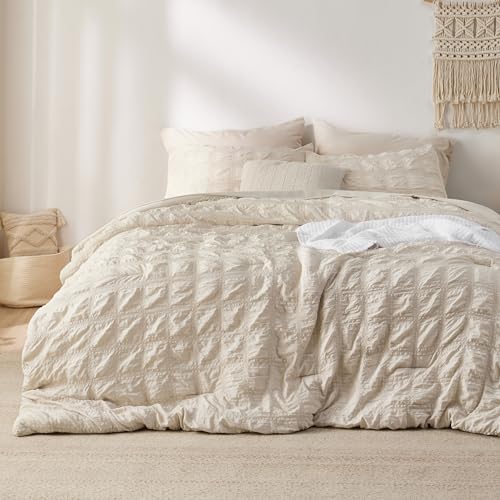 Bedsure Bed in a Bag Queen - 7 Pieces Plaid Seersucker Bedding Comforter Sets, Soft Lightweight Beige Boho Bed Set with Comforters Queen Size, Sheets, Pillowcases & Shams - Image 1