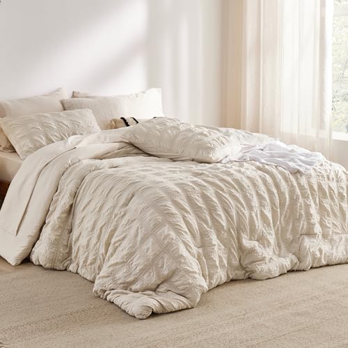 Bedsure Bed in a Bag Queen - 7 Pieces Plaid Seersucker Bedding Comforter Sets, Soft Lightweight Beige Boho Bed Set with Comforters Queen Size, Sheets, Pillowcases & Shams - Image 3