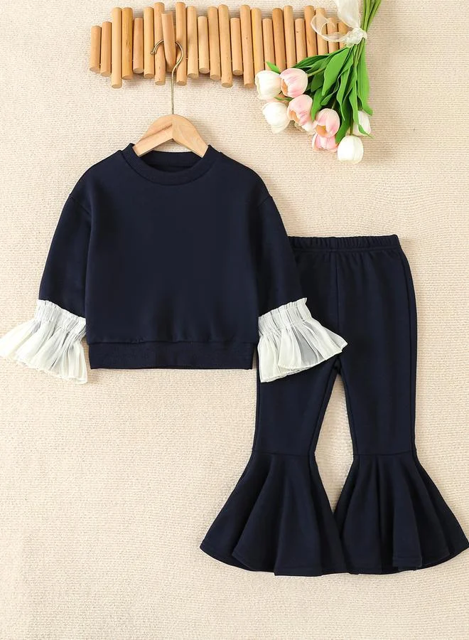 Take Two Girls Solid Ruffle Cuff Sweatshirt with Flare Pants Set