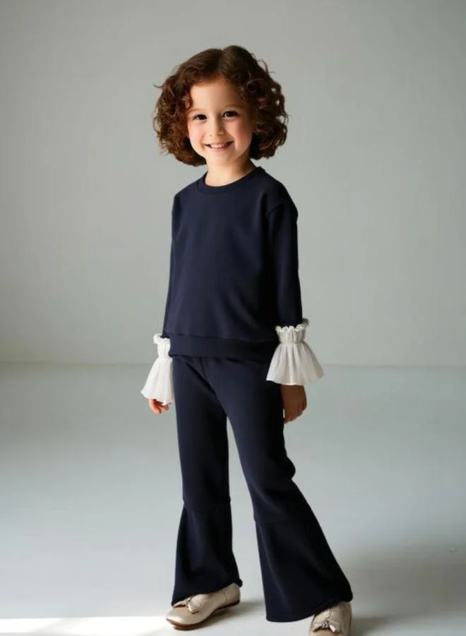 Take Two Girls Solid Ruffle Cuff Sweatshirt with Flare Pants Set