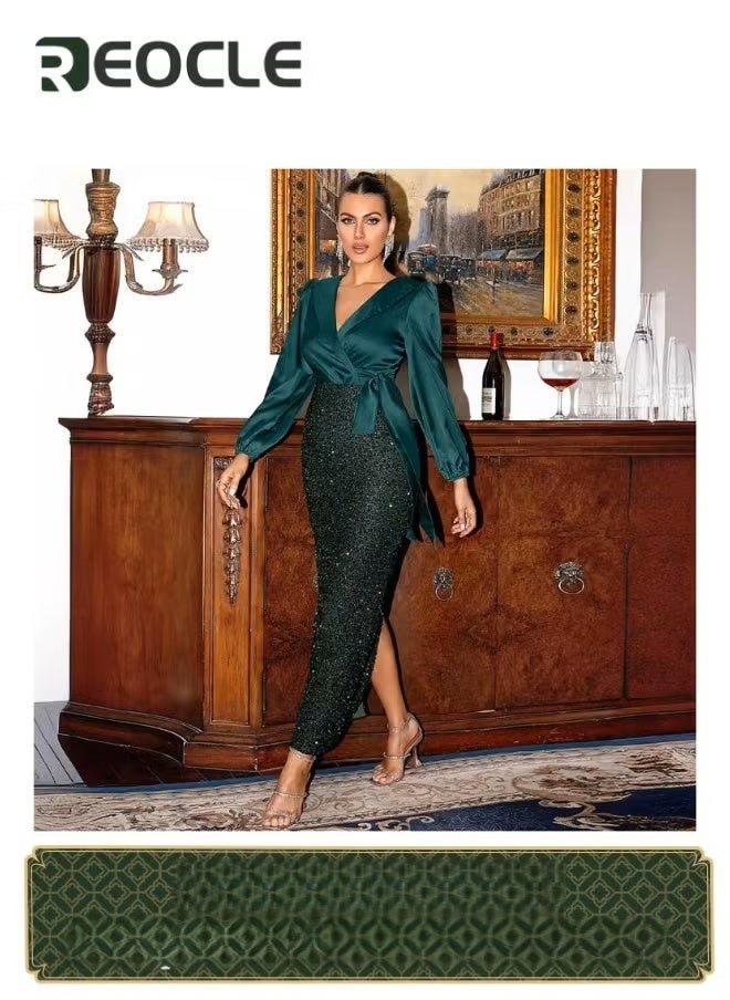 REOCLE Women's Long Sleeve Sequin Formal Dress Maxi V Neck Cocktail Business Evening Gown Wedding Guest Dresses - Image 1