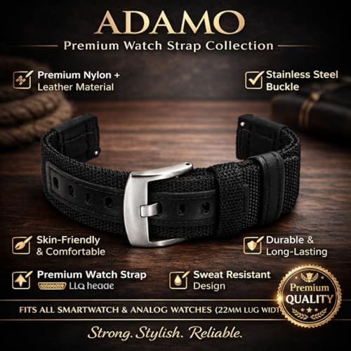 ADAMO 22mm Black Nylon Watch Strap compatible for Phoenix Ultra/Phoenix/Pulse 2/Xtend Pro/Xtend Call and ALL 22mm wristwatch and smartwatches P30BNN09 - Image 3