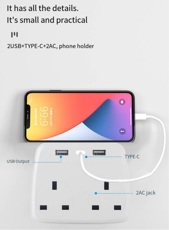 مقبس متعدد مع 2 منفذ USB، 2 AC، 1 Type-C، موسع كهربائي مكعب 5 في 1، شاحن حائط USB، موسع قابس 3 دبابيس للاستخدام المنزلي، السفر، المكتب، المطبخ، 16A، 2500W، 110-250V - Image 2