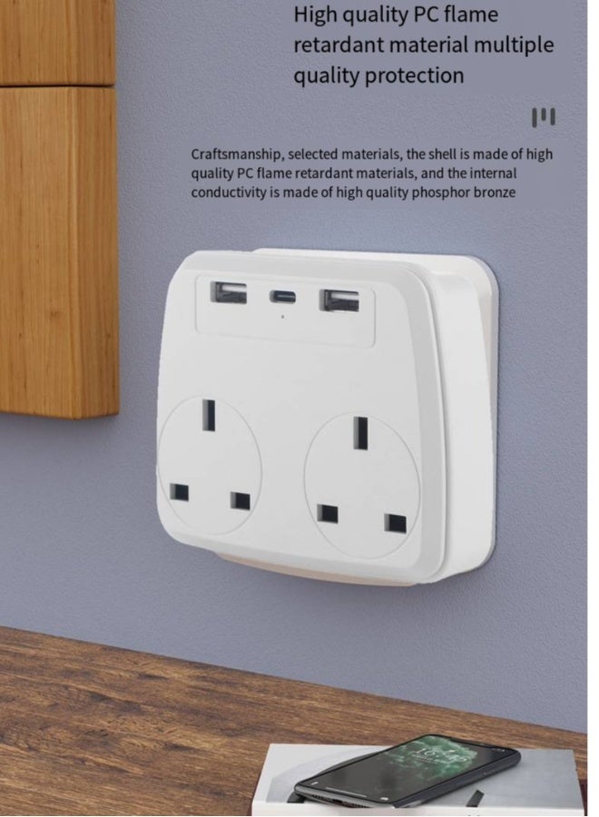 مقبس متعدد مع 2 منفذ USB، 2 AC، 1 Type-C، موسع كهربائي مكعب 5 في 1، شاحن حائط USB، موسع قابس 3 دبابيس للاستخدام المنزلي، السفر، المكتب، المطبخ، 16A، 2500W، 110-250V - Image 4