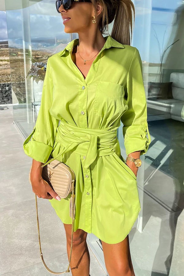 2023 New Lace-Up Cardigan Multi-Color Roll-Up Sleeve Dress Shirt Khaki - Image 2