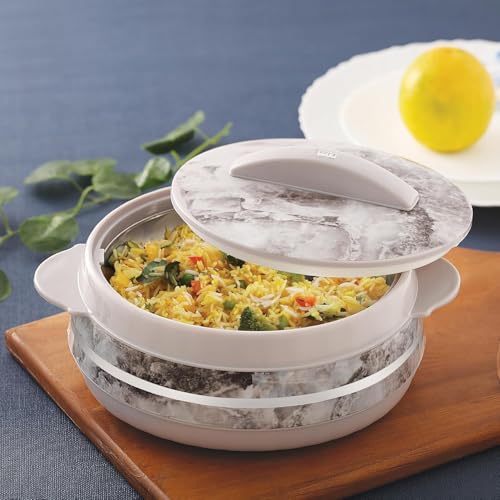 LIZA Palazio 3PC Gift Set Round Marble Finish Casserole with Stainless Steel Inner | PU Insulated | BPA Free | Odour Proof | Food Grade | Ideal for Hot & Cold Food (1200ml + 1600ml + 2000ml) | WHITE - Image 3