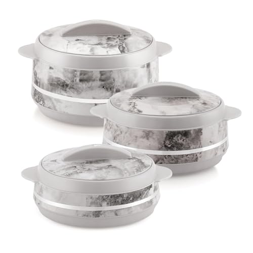 LIZA Palazio 3PC Gift Set Round Marble Finish Casserole with Stainless Steel Inner | PU Insulated | BPA Free | Odour Proof | Food Grade | Ideal for Hot & Cold Food (1200ml + 1600ml + 2000ml) | WHITE - Image 1