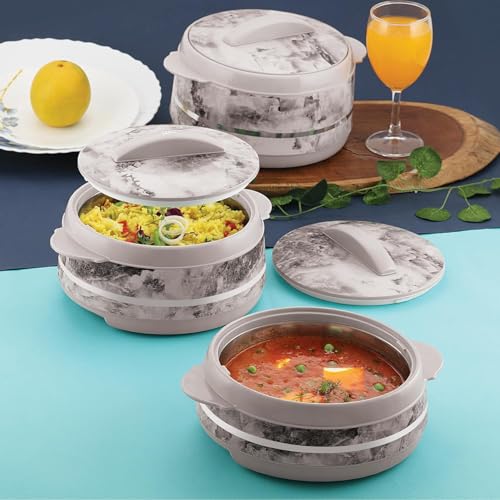 LIZA Palazio 3PC Gift Set Round Marble Finish Casserole with Stainless Steel Inner | PU Insulated | BPA Free | Odour Proof | Food Grade | Ideal for Hot & Cold Food (1200ml + 1600ml + 2000ml) | WHITE - Image 2