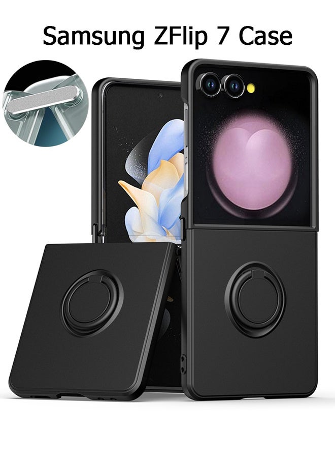 For Samsung Galaxy Z Flip 7 Case [with 360° Rotatable Ring Stand] [Support Magnetic Car Mount] - Hard PC and Soft TPU Cover - with Shockproof Bumper and Anti-Scratch Back - Metal Connector Folding Convenient - Classic Black