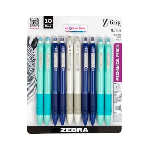 Zebra Pen أقلام رصاص ميكانيكية من زيبرا بن Z-Grip، حجم رأس 0.7 مم، جرافيت HB #2، مستلزمات المعلمين ومستلزمات المدرسة، براميل زرقاء زاهية متنوعة، عبوة 10 قطع (50610) - Image 4