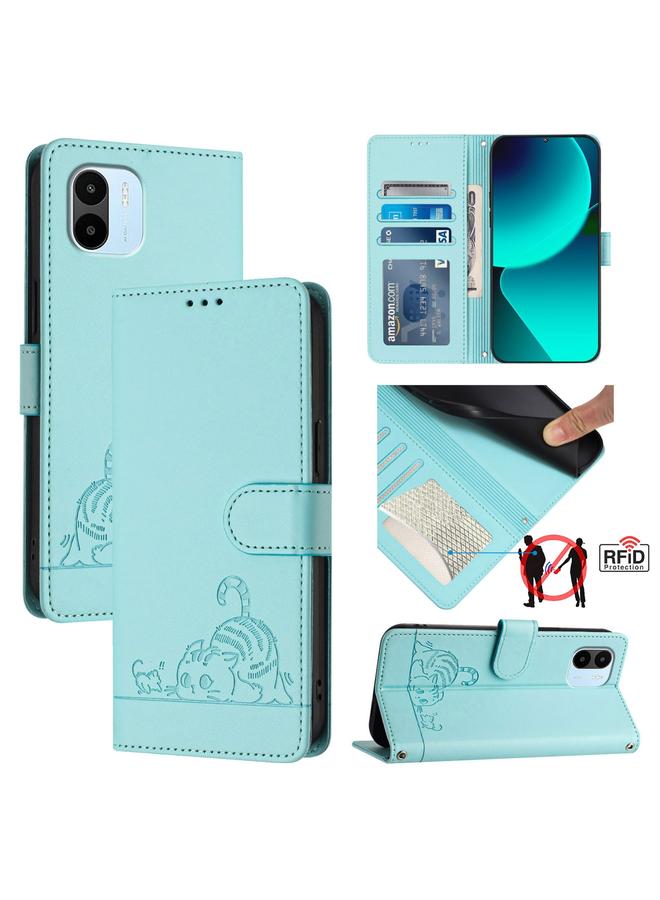 The Bros Case For Xiaomi Redmi A2 4G Cat Rat Embossed Pattern RFID Leather Phone Case with Lanyard