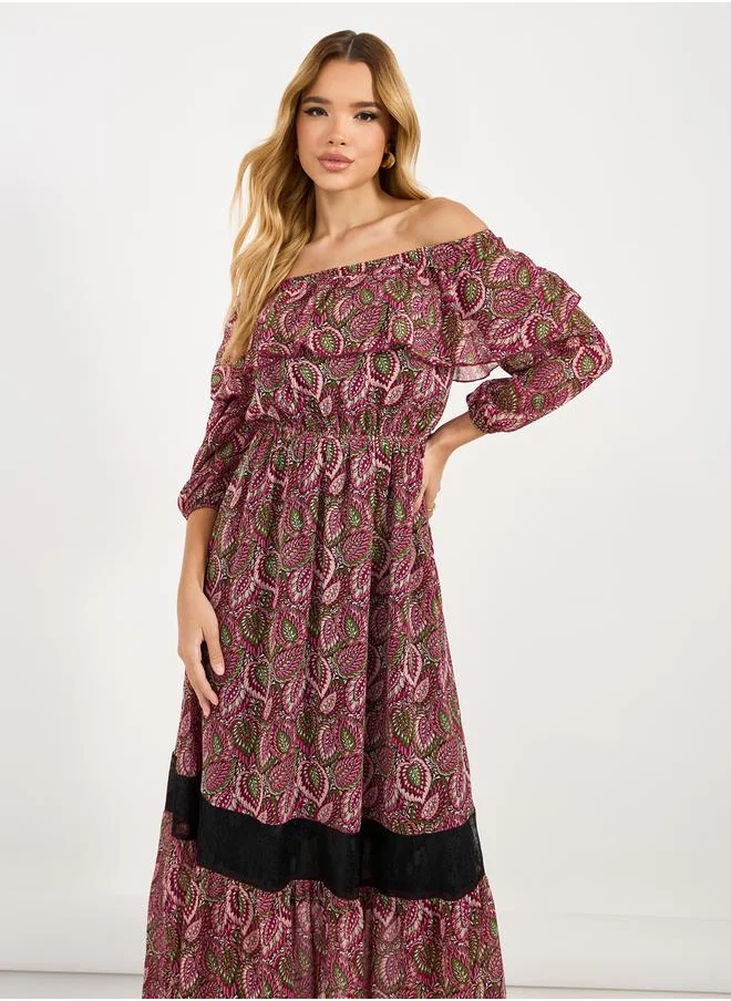 Styli All Over Print Off Shoulder A-Line Maxi Dress