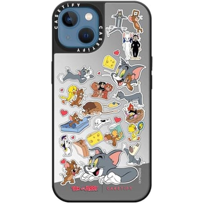 Casetify Mirror Case for iPhone 13 【Tom and Jerry Colab/Reflective / 4.9ft Drop Protection/Compatible with Magsafe】 - Family Sticker - Silver on Black - Image 4