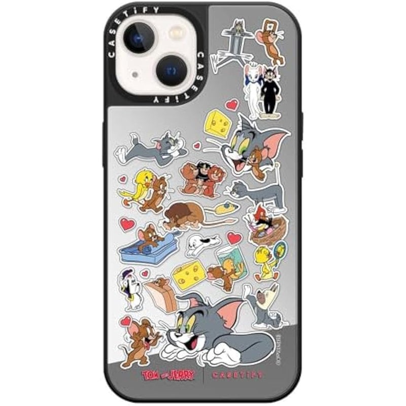 Casetify Mirror Case for iPhone 13 【Tom and Jerry Colab/Reflective / 4.9ft Drop Protection/Compatible with Magsafe】 - Family Sticker - Silver on Black - Image 1