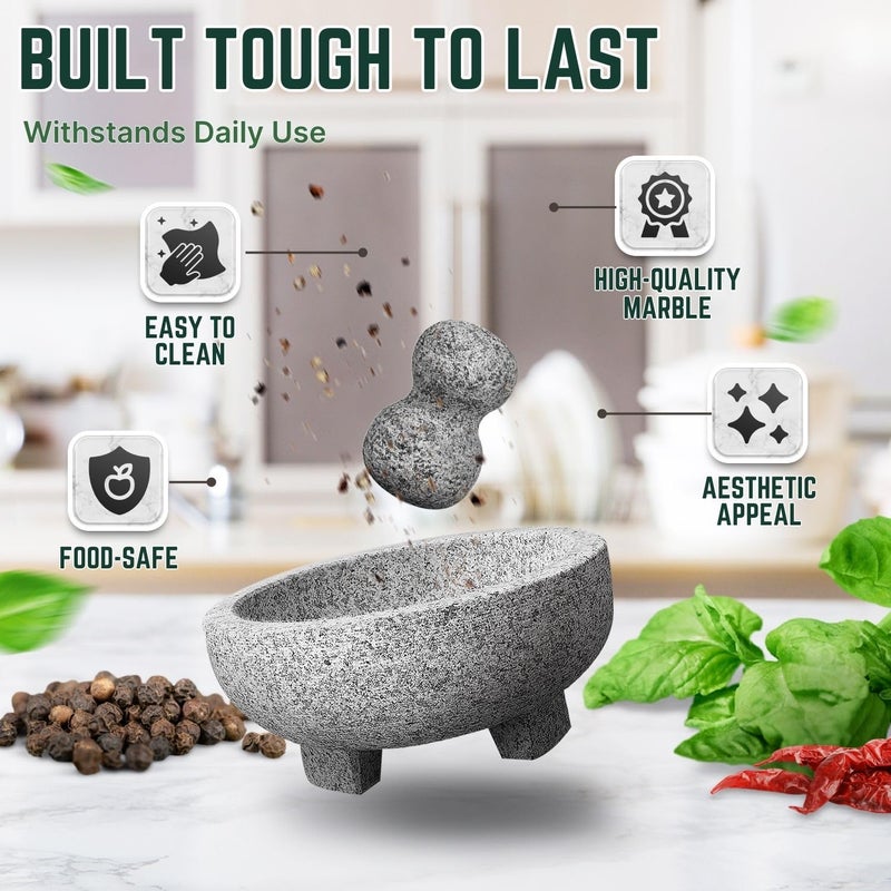 Flexzion Granite Mortar and Pestle Set - Solid Granite Stone Grinder Bowl Holder 6 Inch Molcajete for Guacamole, Herbs, Spices, Garlic, Kitchen, Cooking, Medicine - Image 3