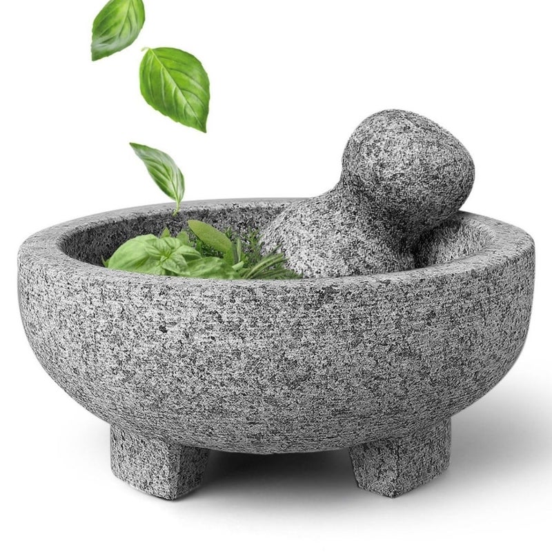 Flexzion Granite Mortar and Pestle Set - Solid Granite Stone Grinder Bowl Holder 6 Inch Molcajete for Guacamole, Herbs, Spices, Garlic, Kitchen, Cooking, Medicine - Image 1