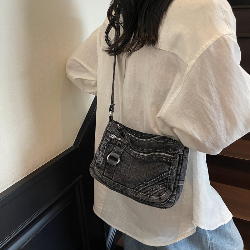 Extolove Denim Crossbody Bags for Women Small Jean Purse Casual Denim Shoulder Bag Handbag (Black) - Image 2